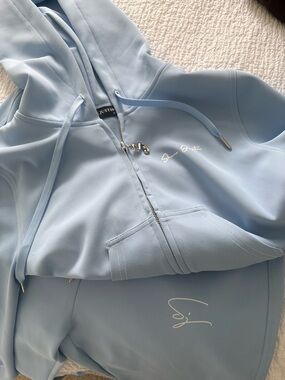 Light Blue Signature Zip Cropped Hoodie with Drawstring